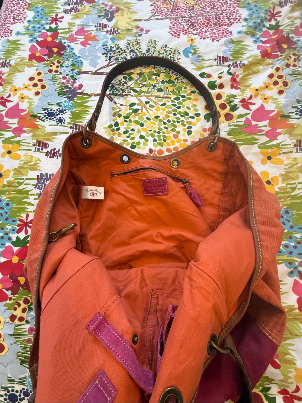 Gorgeous Lucky Brand Oversized Orange Pink Suede Canvas Travel Tote Y2K Rare. π©·π§‘ - Picture 8 of 15